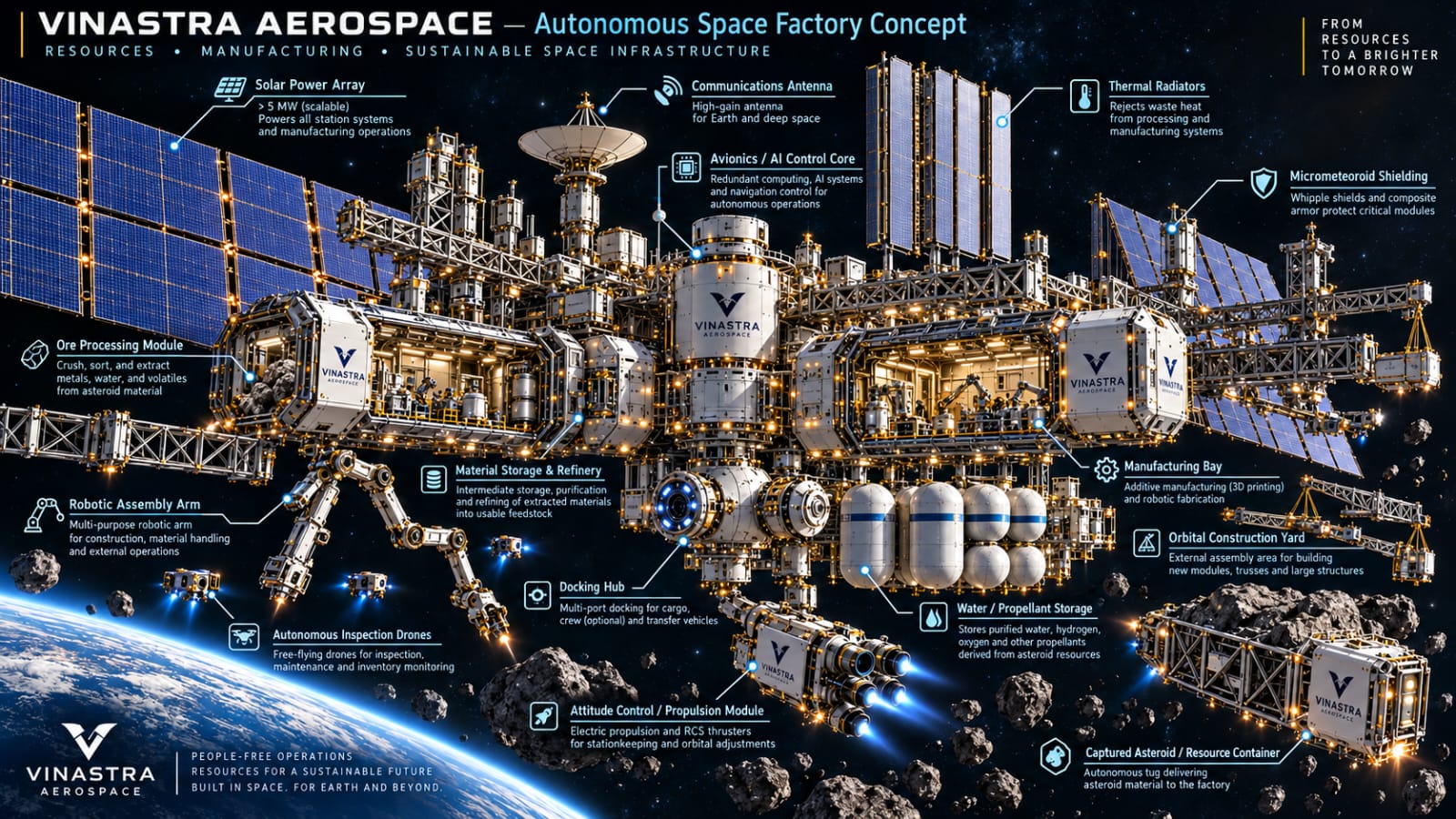 Vinastra Aerospace Autonomous Space Factory modular rendering with solar arrays and processing modules