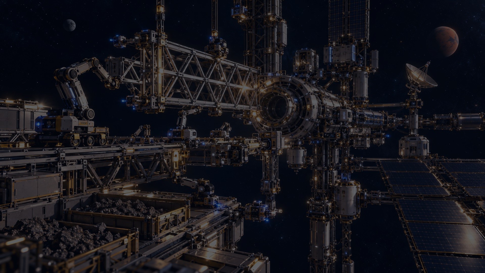 Orbital modular industrial space infrastructure under construction
