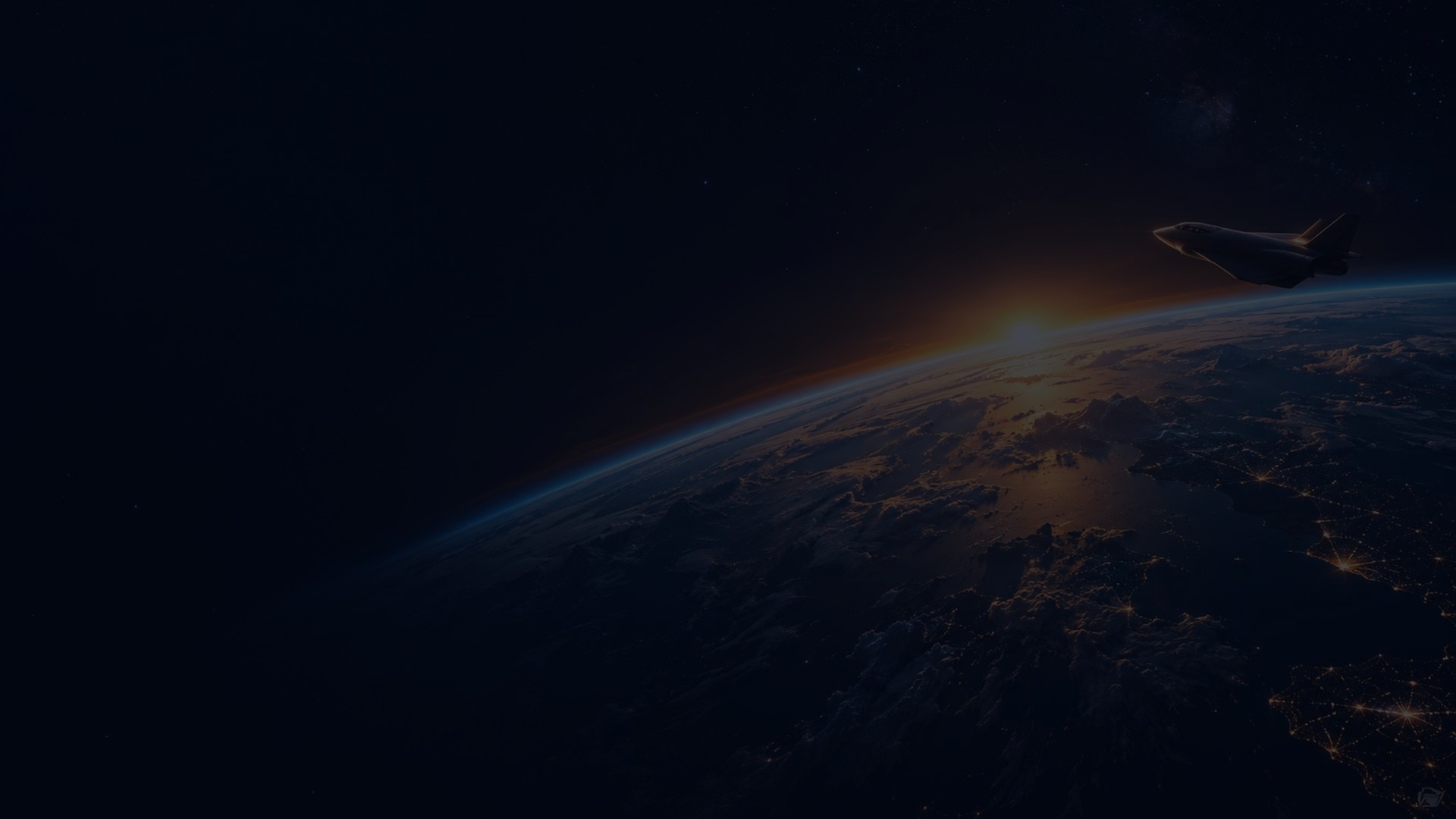 Orbital spacecraft facing sunrise Earth horizon