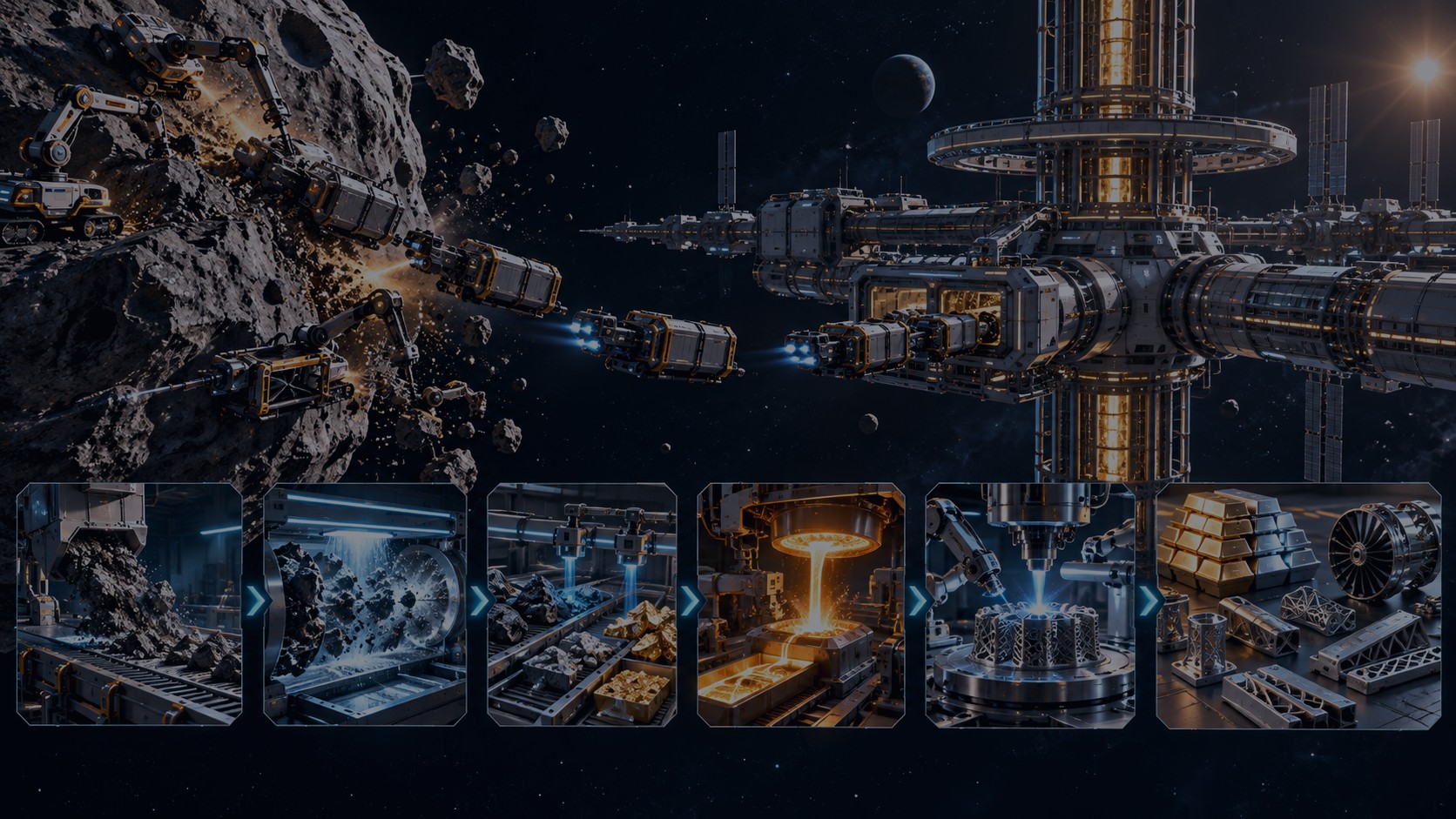 Asteroid mining resource extraction to manufacturing products flow diagram
