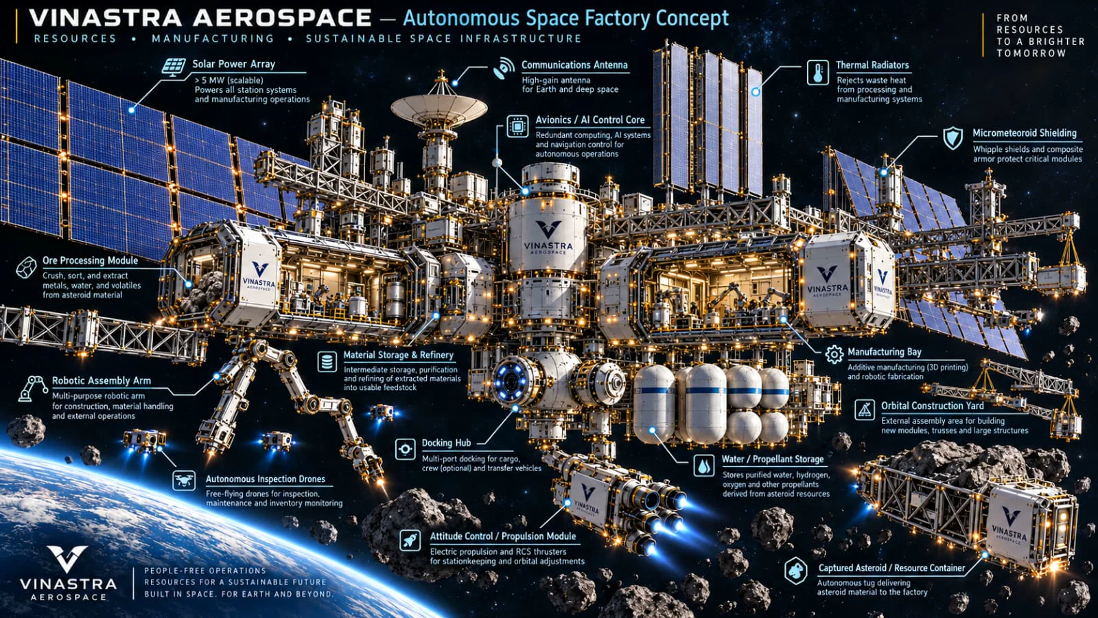 Vinastra Space Factory concept rendering showing modular orbital manufacturing facility